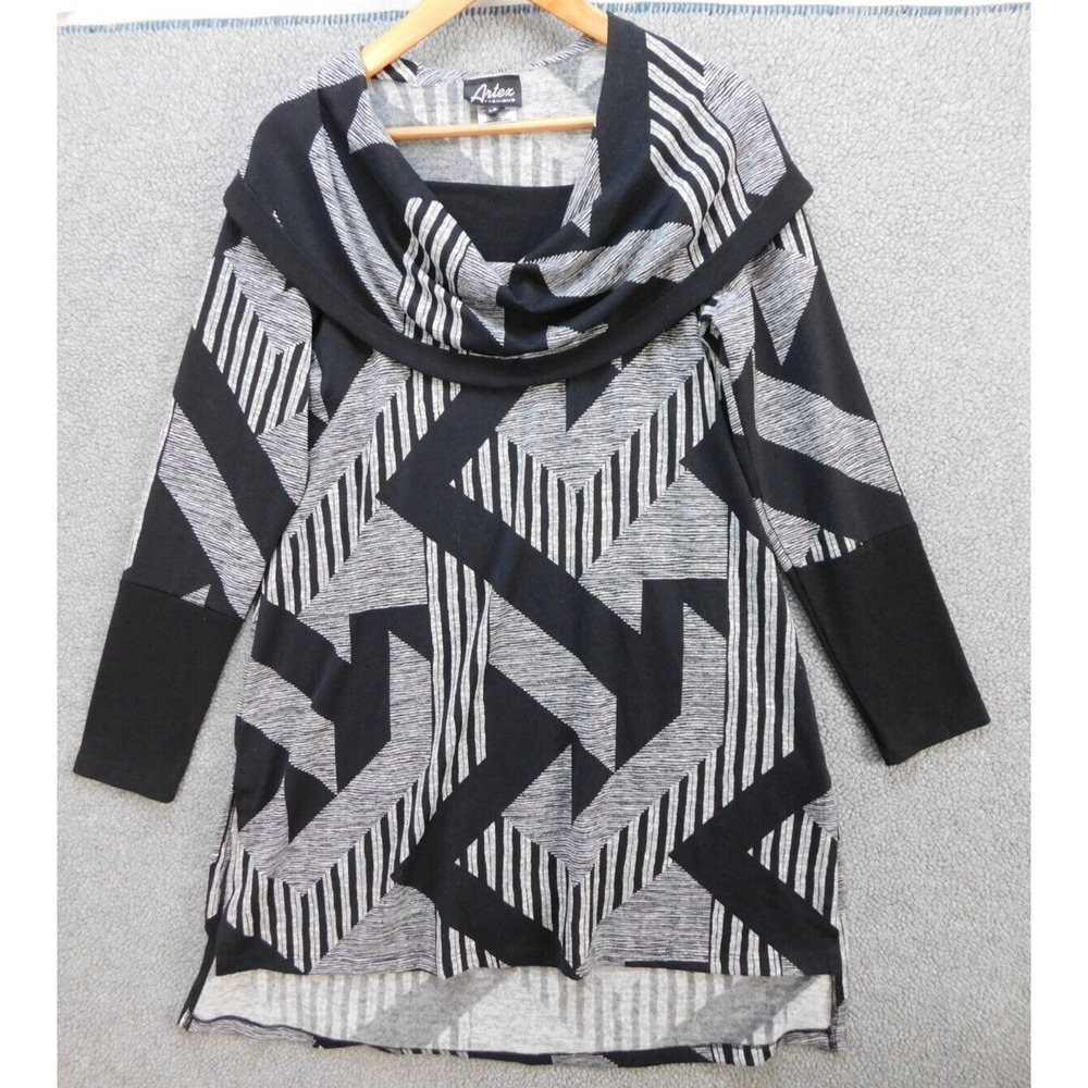 Artex Pullover Sweater Womens L Black/White Geometric Cowl Neck Tunic
